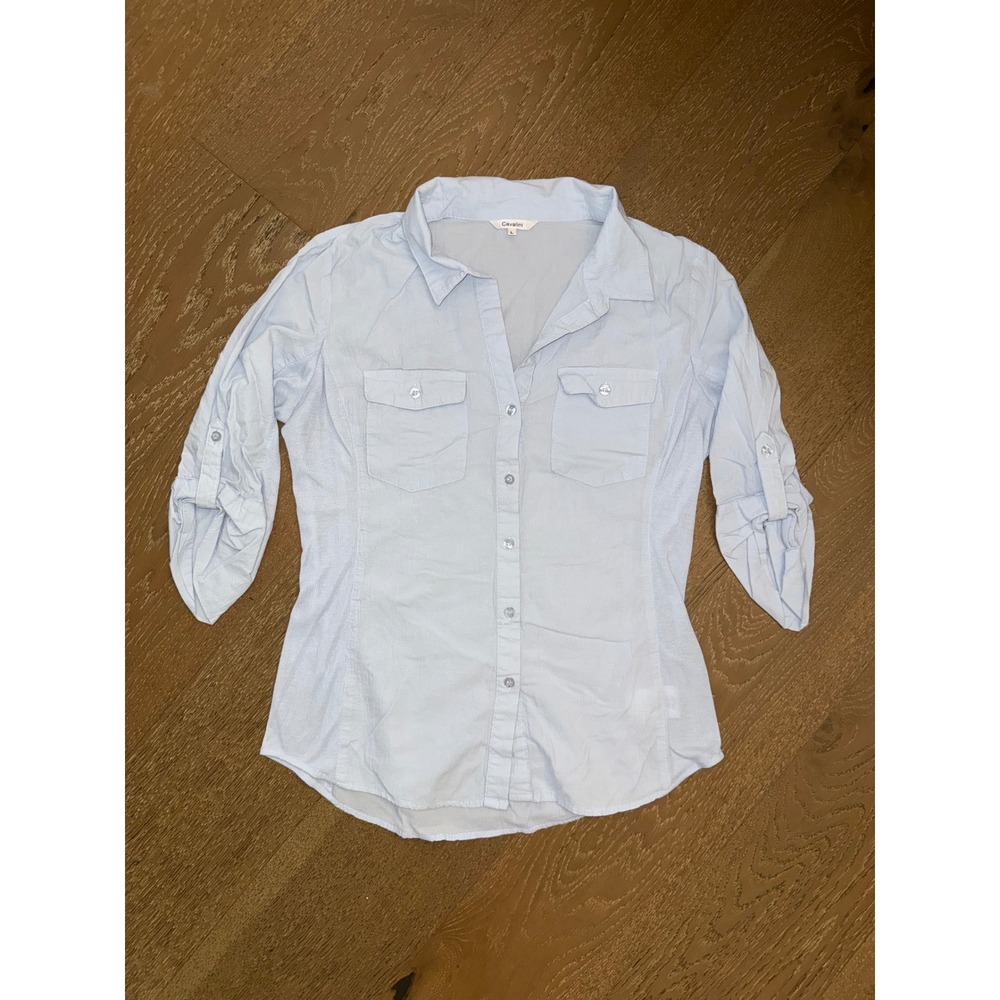 Cavalini Womens Light Blue Roll Tab Sleeve Button Down Shirt Size L Pockets